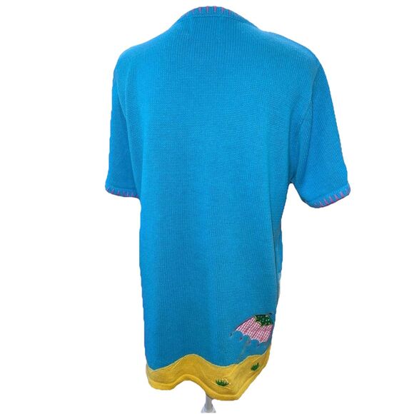 Vintage Beach Scene Knit Sweater Blue Summer Embroidered novelty Tunic Top Sz S - Picture 5 of 9